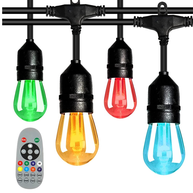 48ft farve skiftende udendørs strenglamper, 15 LED -pærer Shatternsof dæmpbar, IP65 Vandtæt, RGBW Blinkende strenglamper med RF -fjernbetjening, dekorative lys til gårdhave
